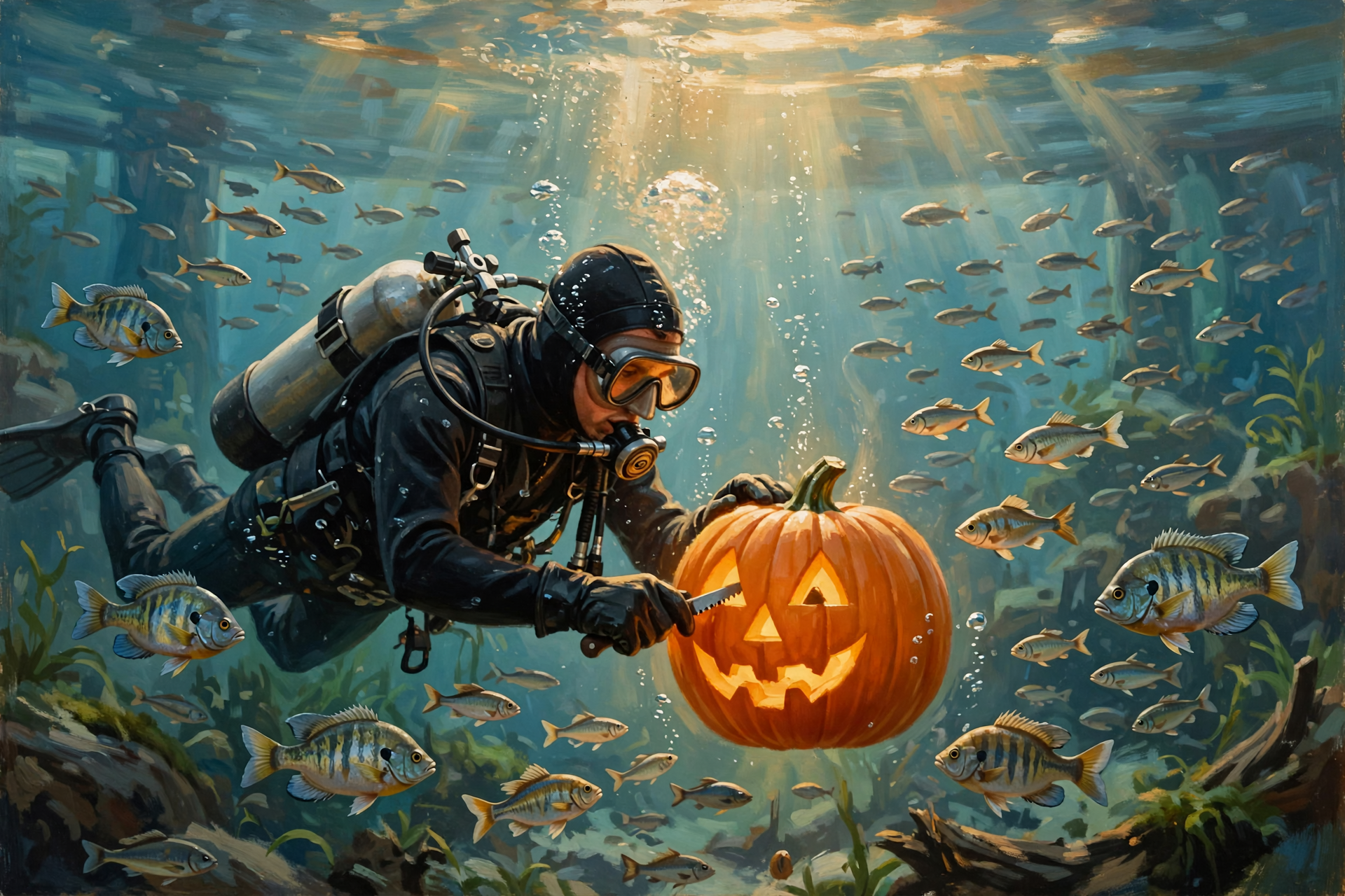 Illustration for 🎃 Divers Carve Pumpkins Underwater at the Aquarium